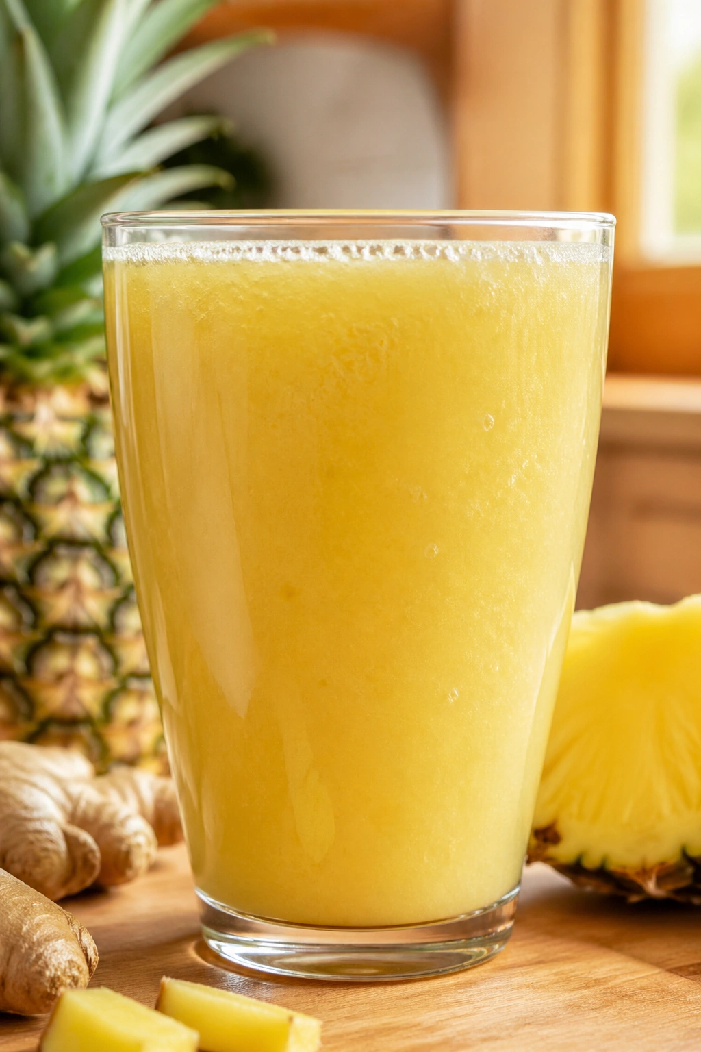 Bright yellow pineapple ginger smoothie in a glass