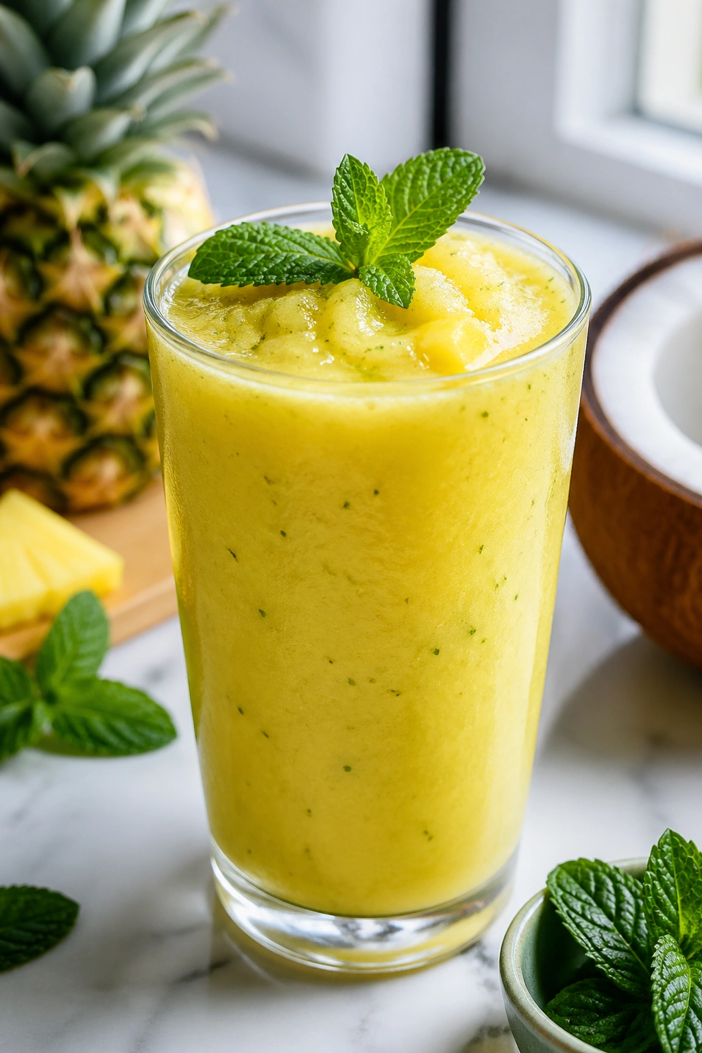 Glass of Pineapple Mint Coconut Hydration Smoothie with mint on top