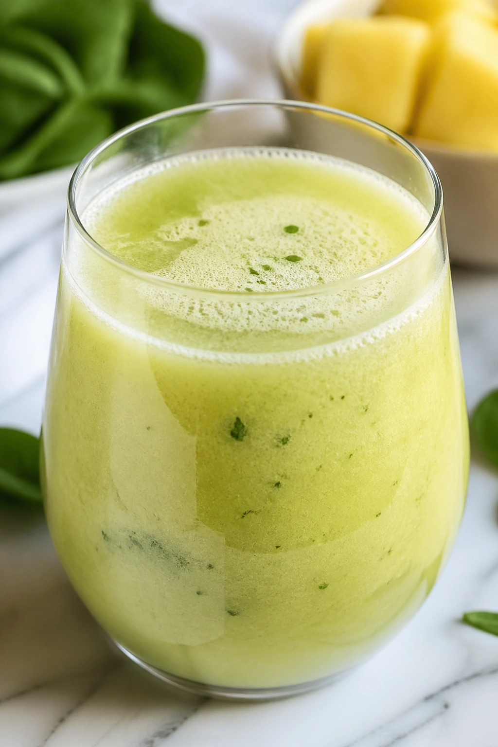 Close-up of pineapple spinach coconut cooler in a glass