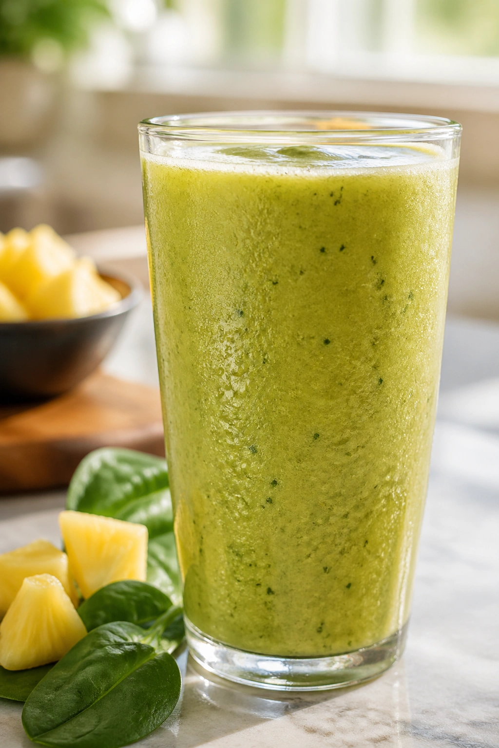 Close-up of a bright pineapple spinach coconut smoothie in a glass with condensation on a warm kitchen counter