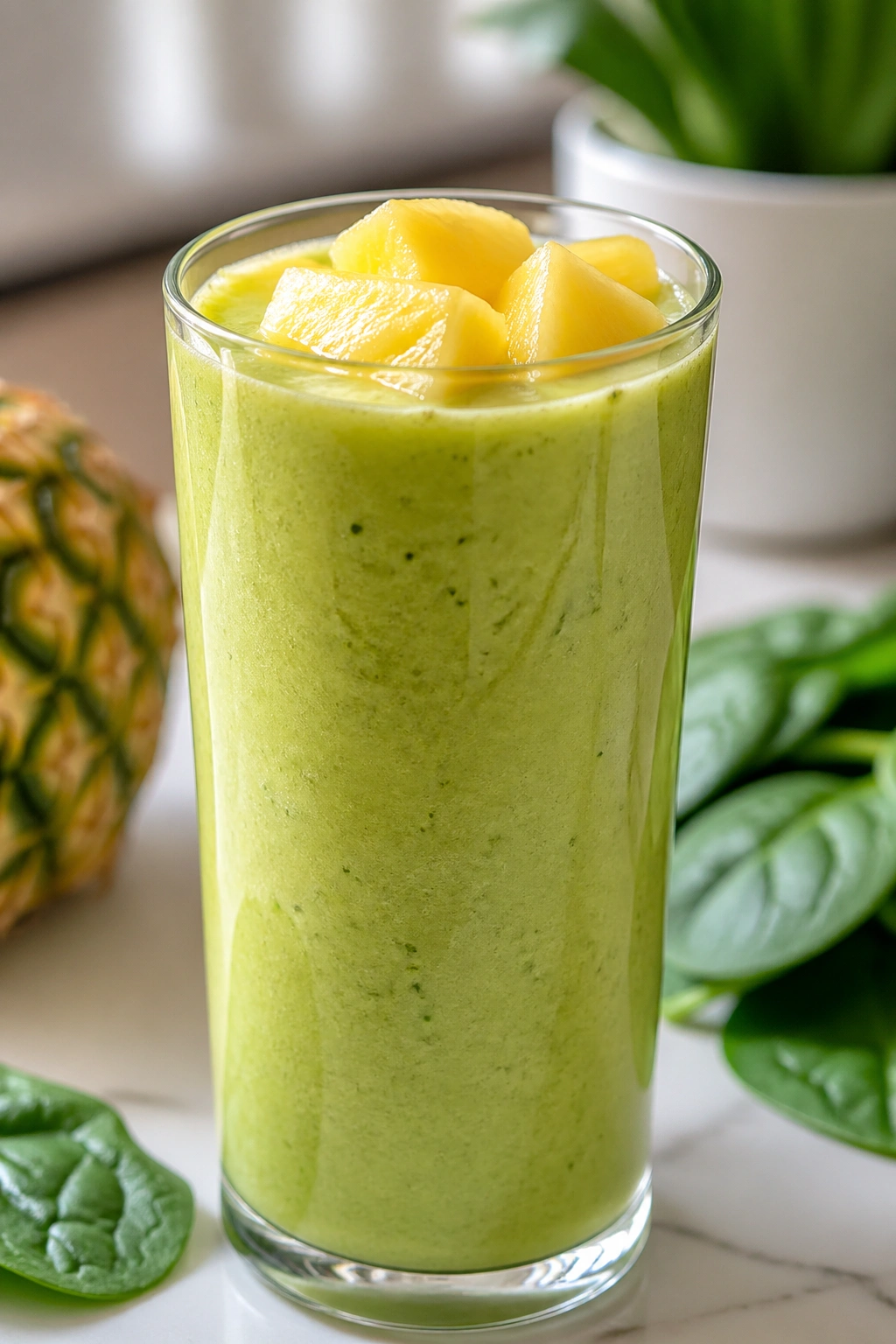 Tall glass of pineapple spinach green tea smoothie on kitchen counter