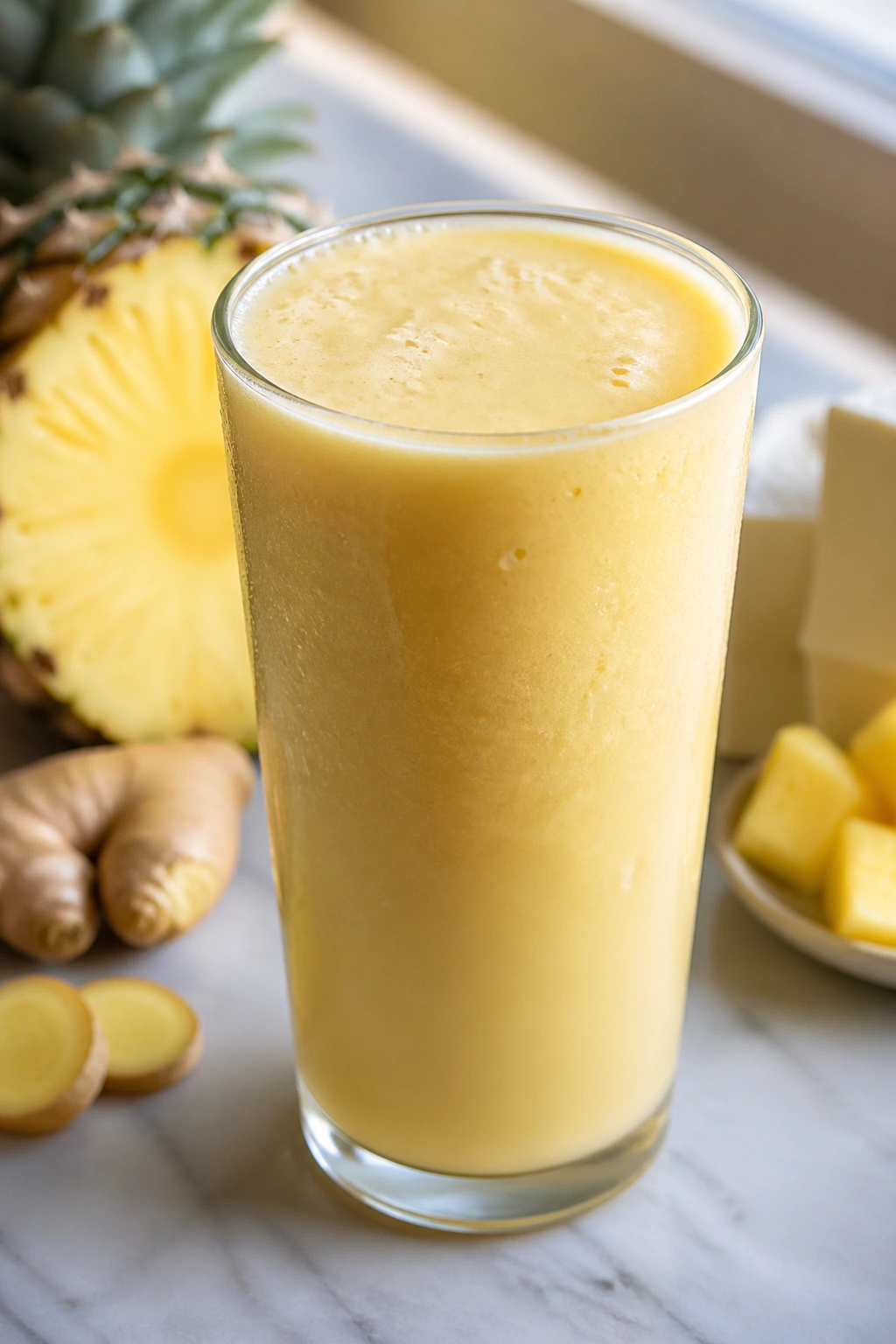 Close-up of a creamy pineapple tofu ginger recovery smoothie in a glass on a kitchen counter