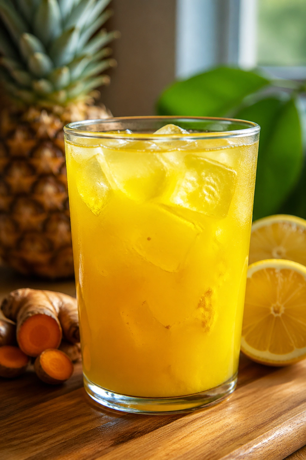Close-up of a glass with pineapple turmeric lemon tonic on a wooden counter