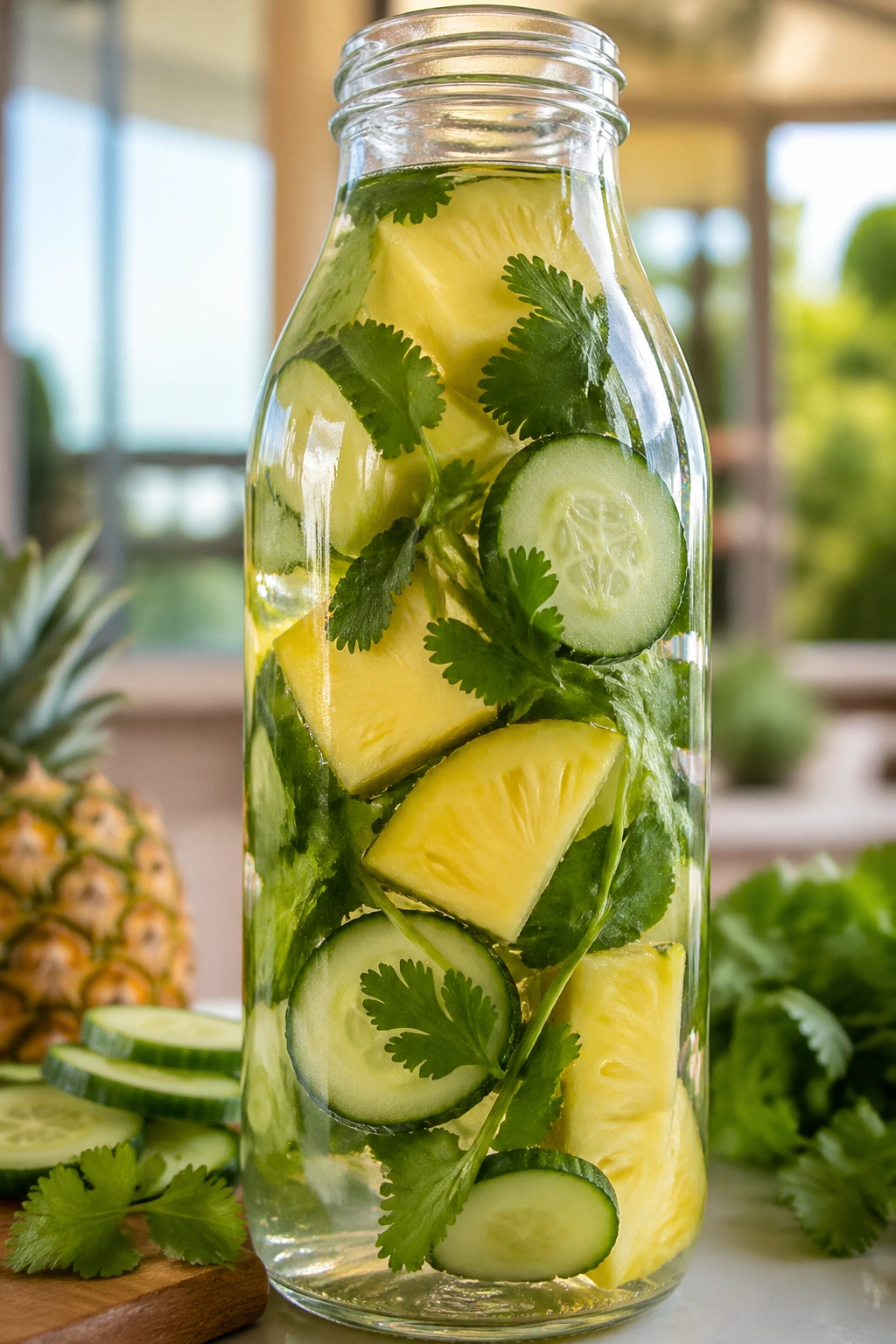 Close-up of pineapple cucumber cilantro water in a glass bottle with pineapple, cucumber, and cilantro