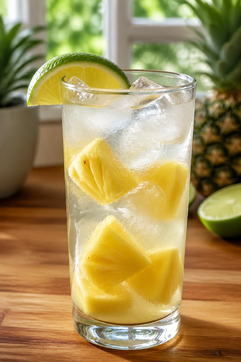 Close-up of Pineapple Water With Lime in a tall glass with ice, pineapple chunks and lime wedge in a kitchen setting