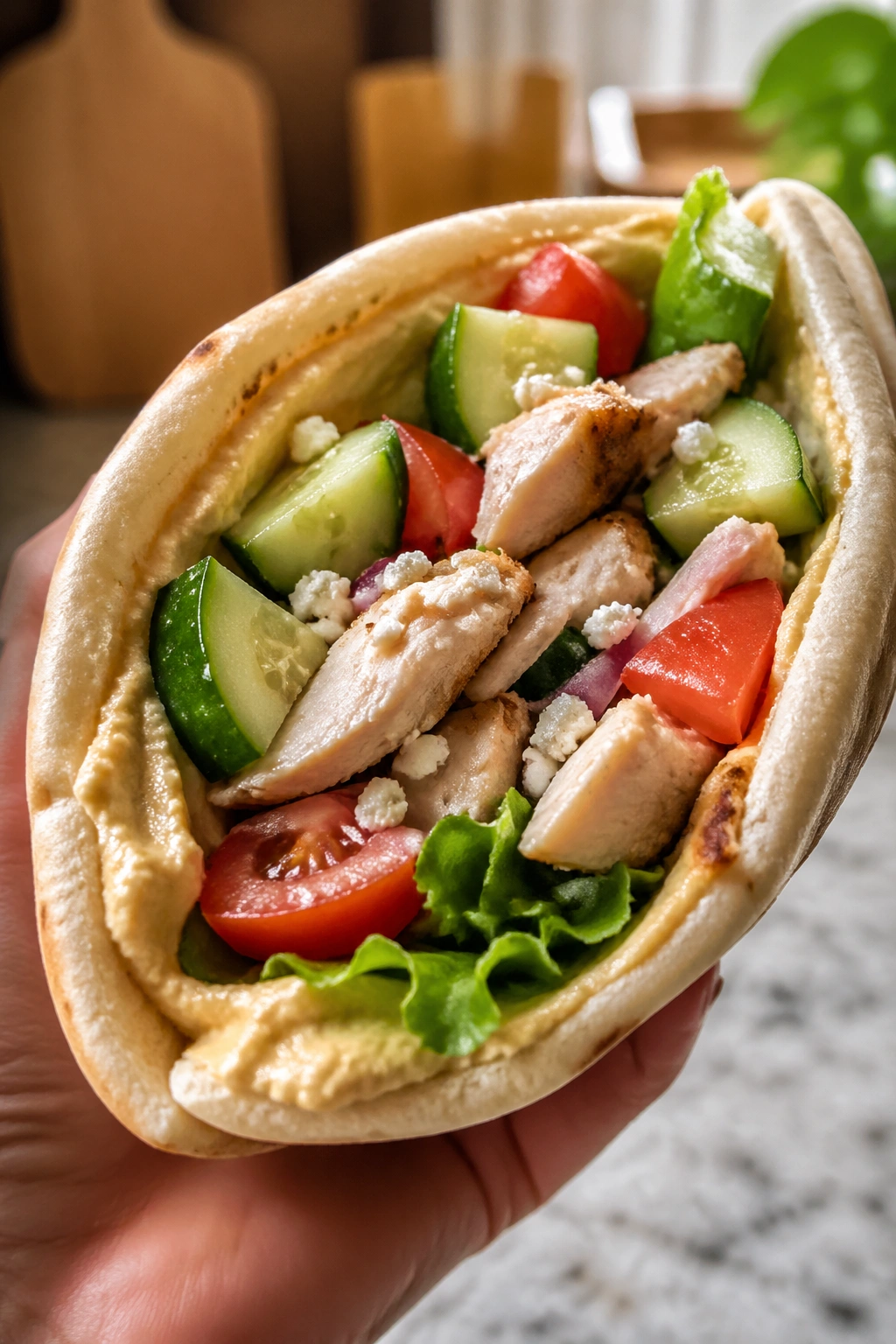 Close-up of a hummus-stuffed pita pocket with chicken and vegetables in a kitchen