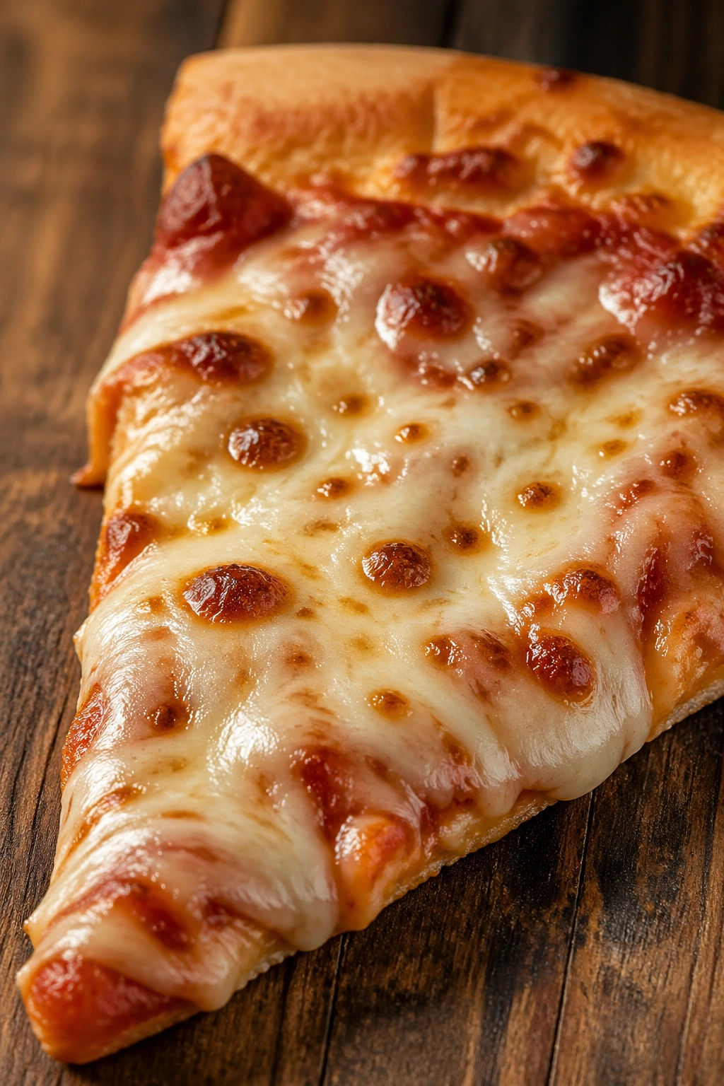 Close-up of a cheese-laden pizza slice filling frame on wooden surface