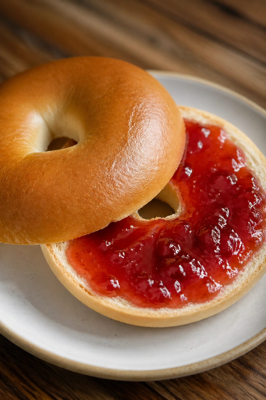 Plain bagel with jam on a plate