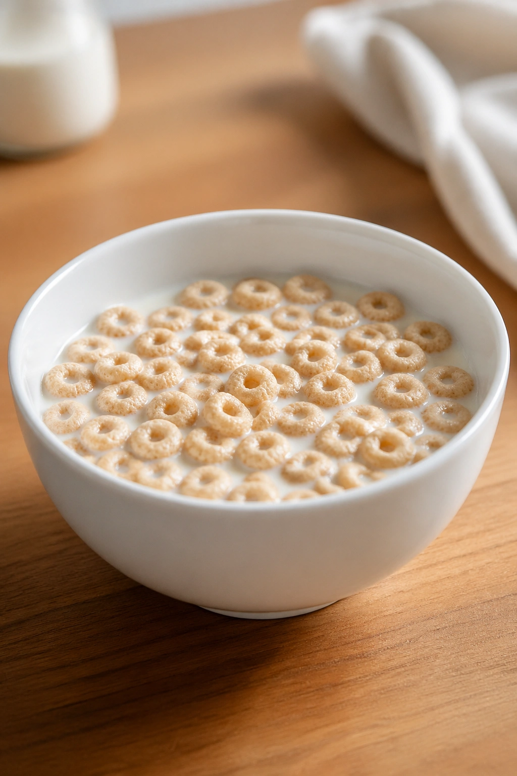 Close-up of plain cereal in milk in a bowl on a table