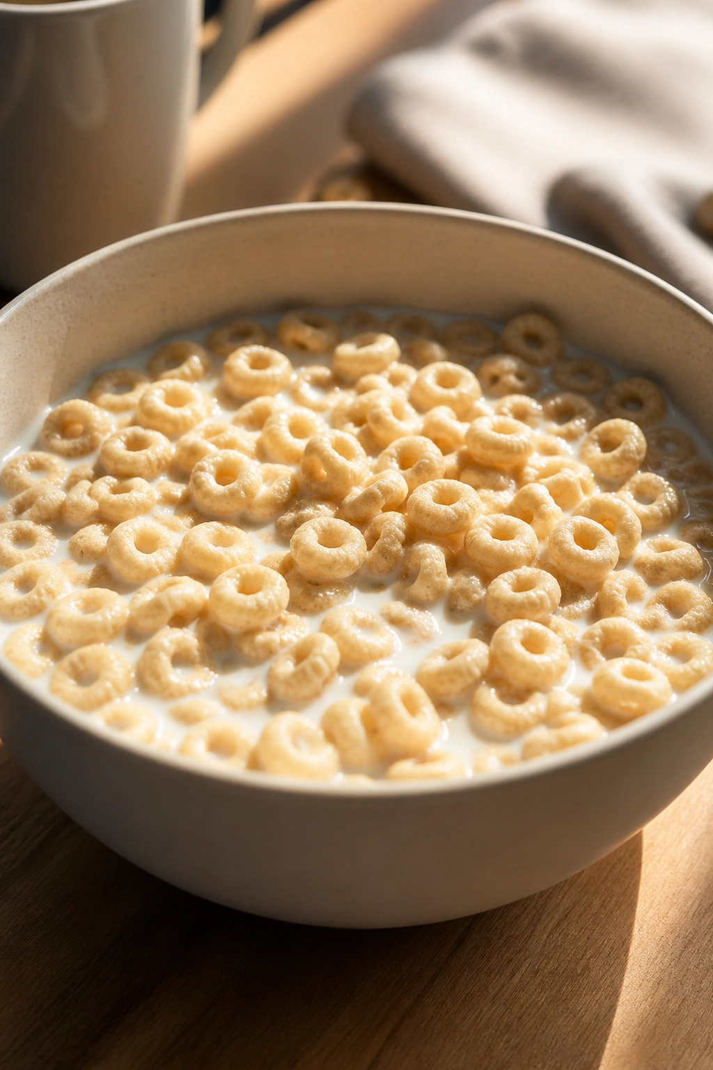 Bowl of plain cereal with milk on a breakfast table in natural light