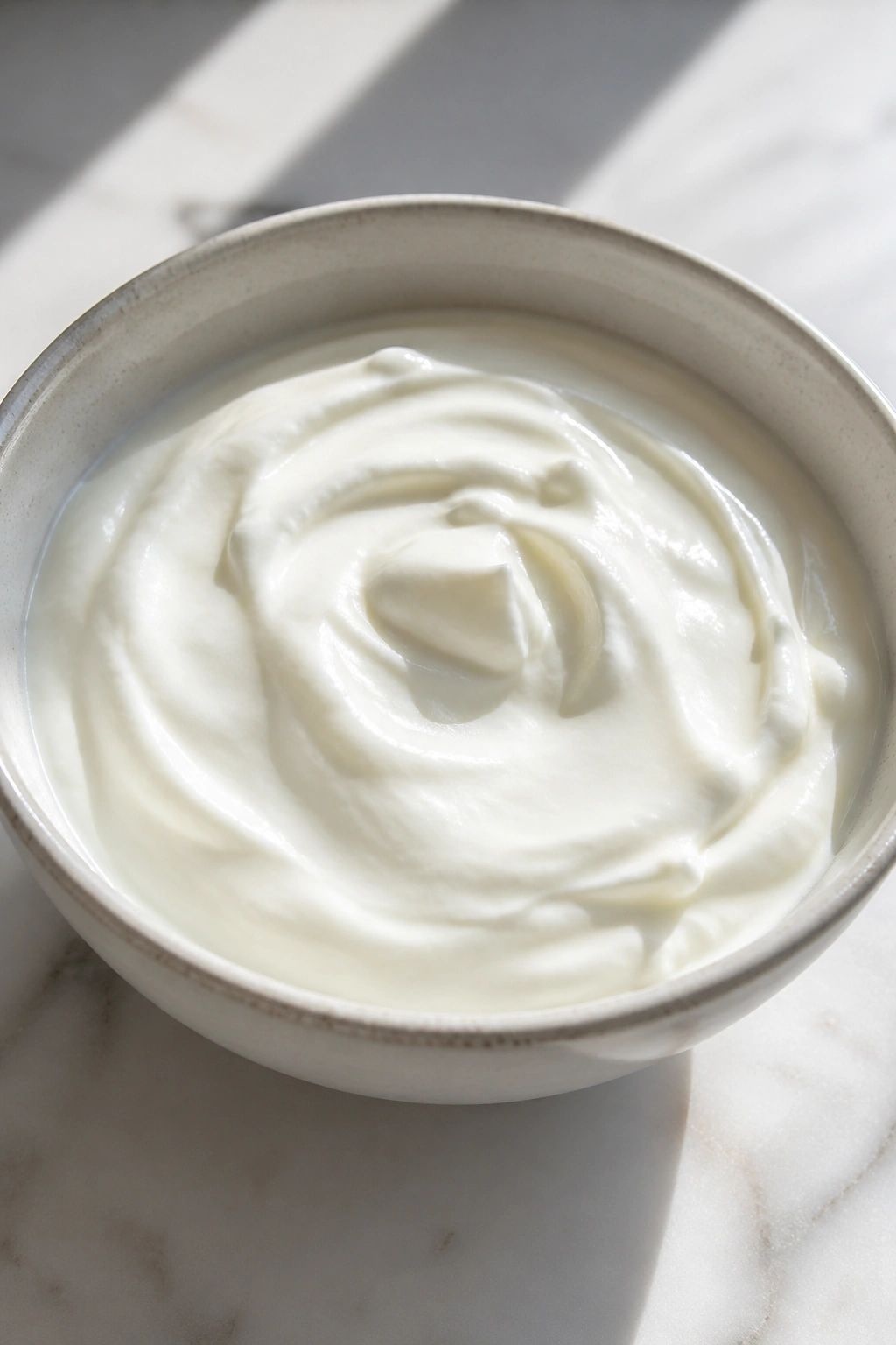 Close-up of plain Greek yogurt in a bowl on a kitchen counter