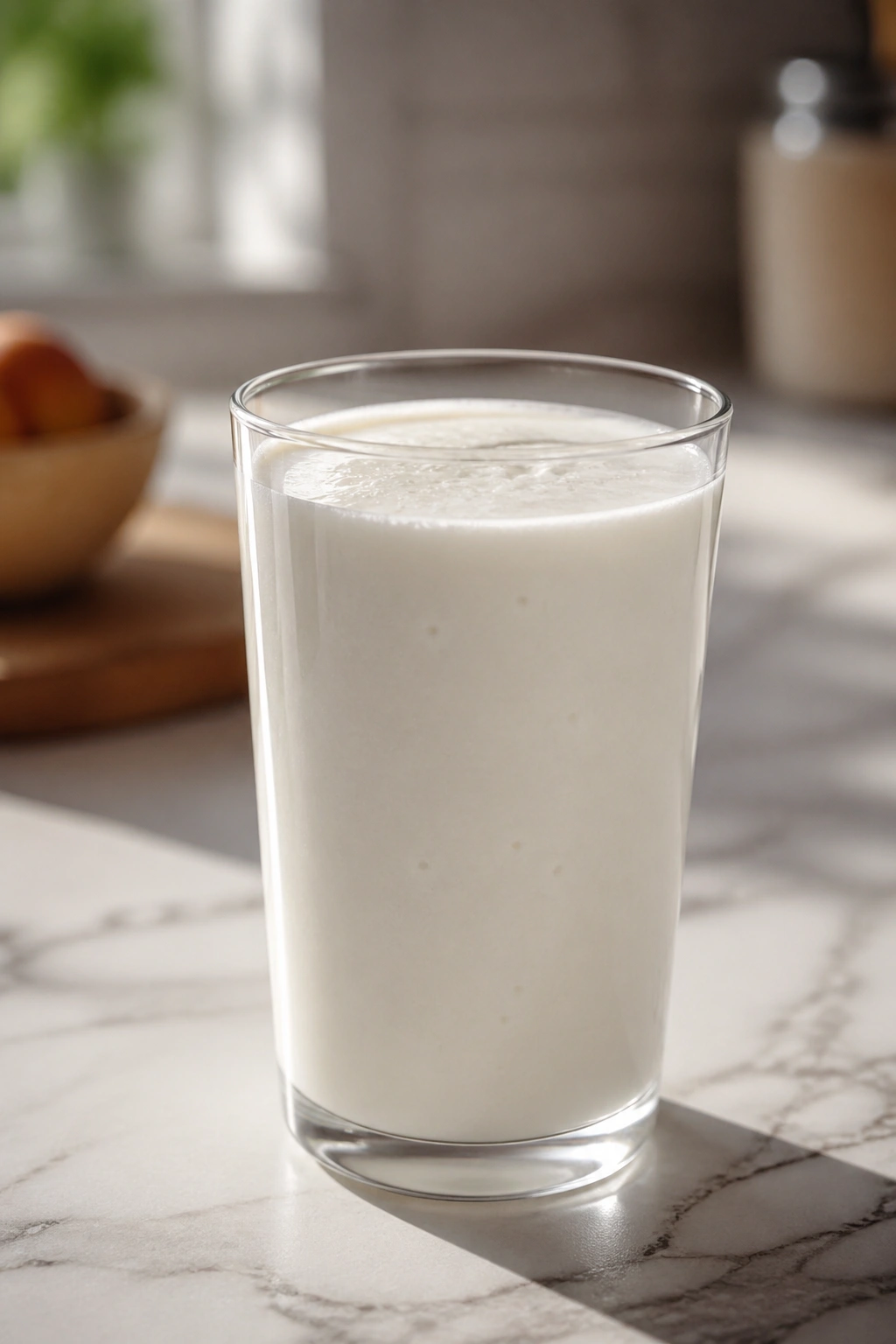 Plain kefir smoothie in a glass on a kitchen counter