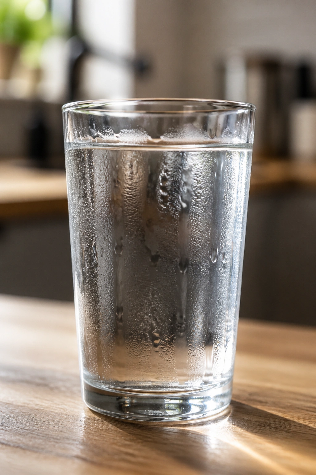 Close-up of a clear glass of plain water on a kitchen counter