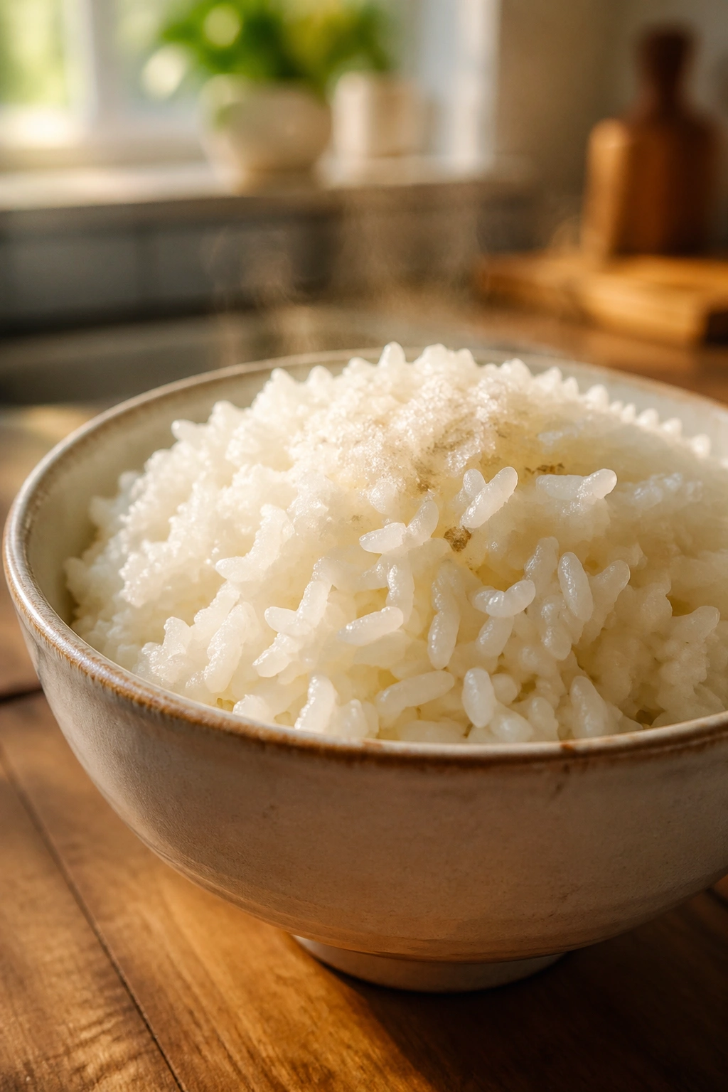 Close-up of Plain White Rice in a bowl with salt on a wooden table