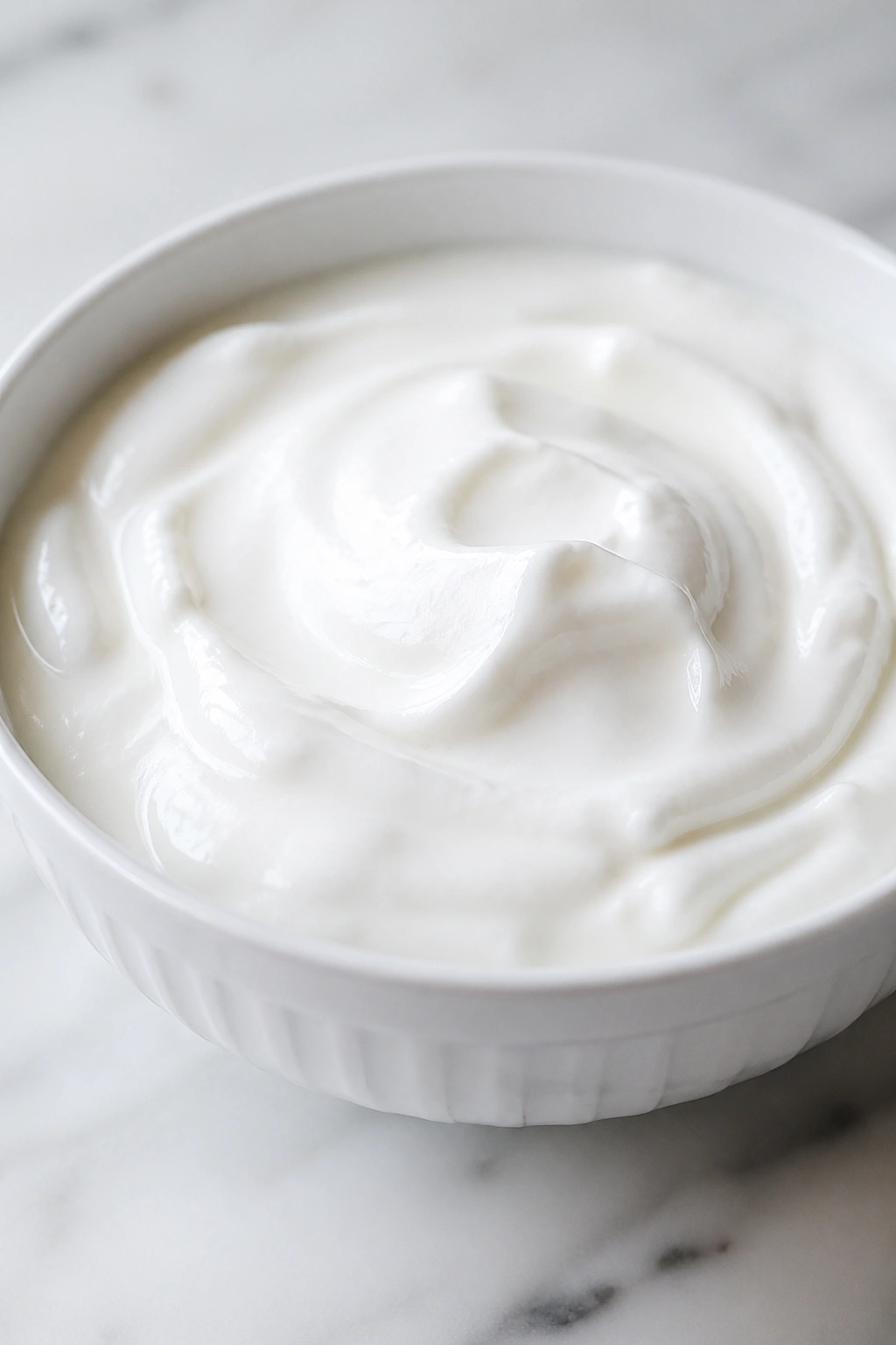 Close-up of plain Greek yogurt in a bowl on a clean kitchen counter