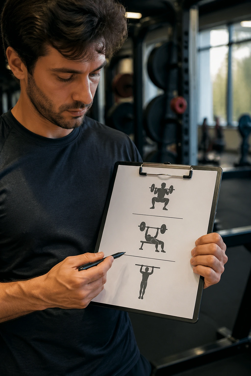 Person planning first three exercises with clipboard in gym