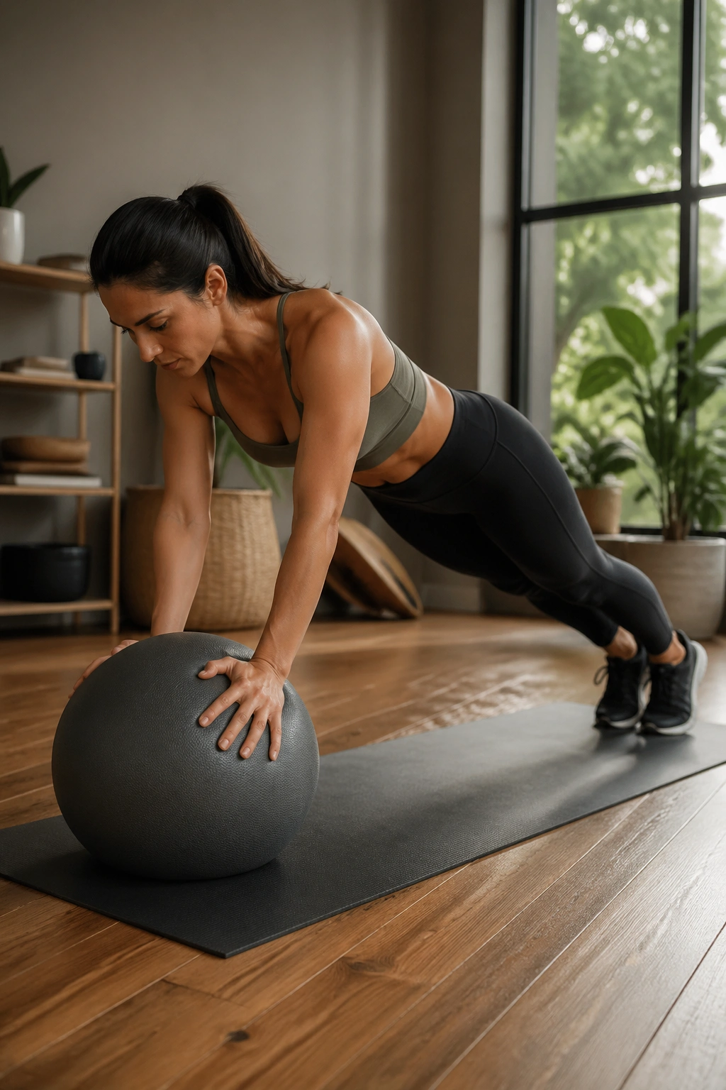 Close-up of plank with hands on stability ball during Pilates