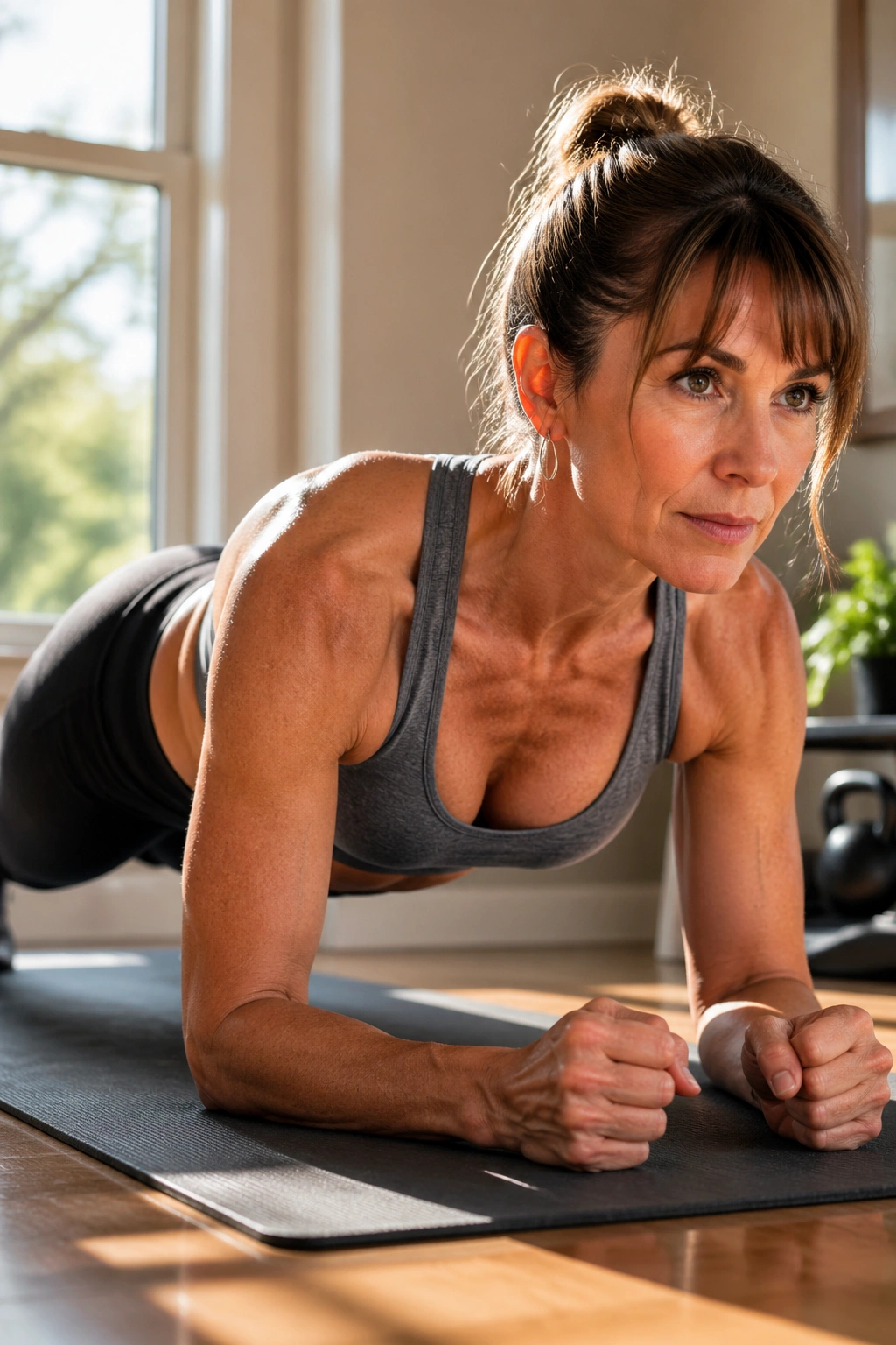 Close-up of a real woman bracing her core in a front plank on a mat