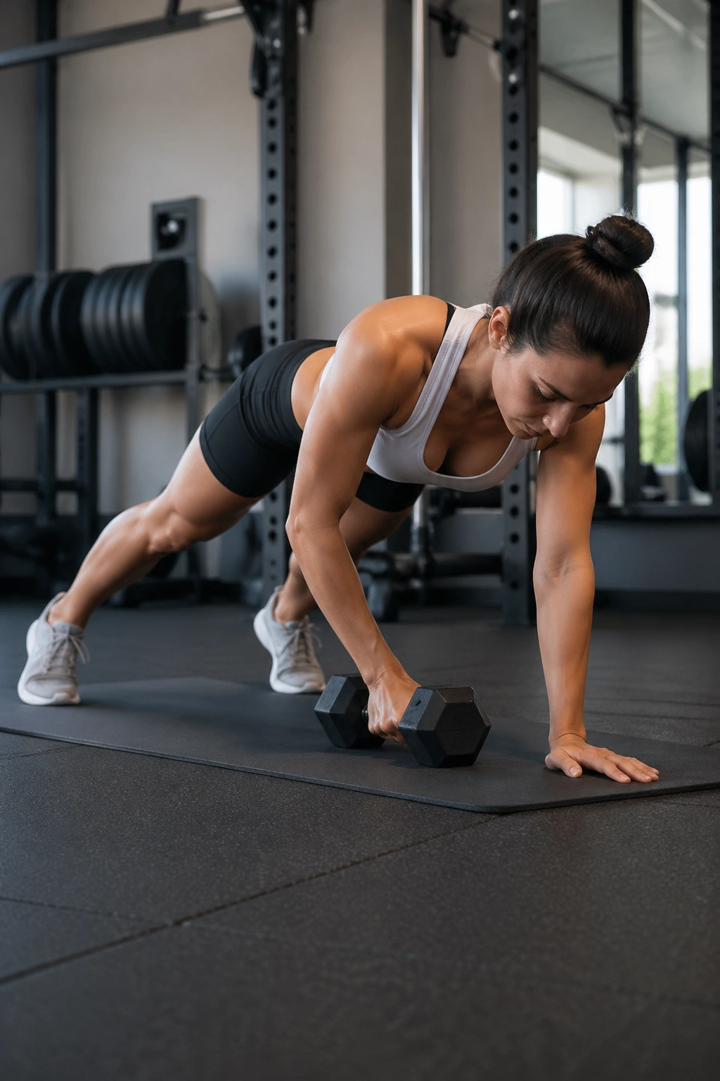 Person in high plank dragging a dumbbell under the body in a gym mat setting