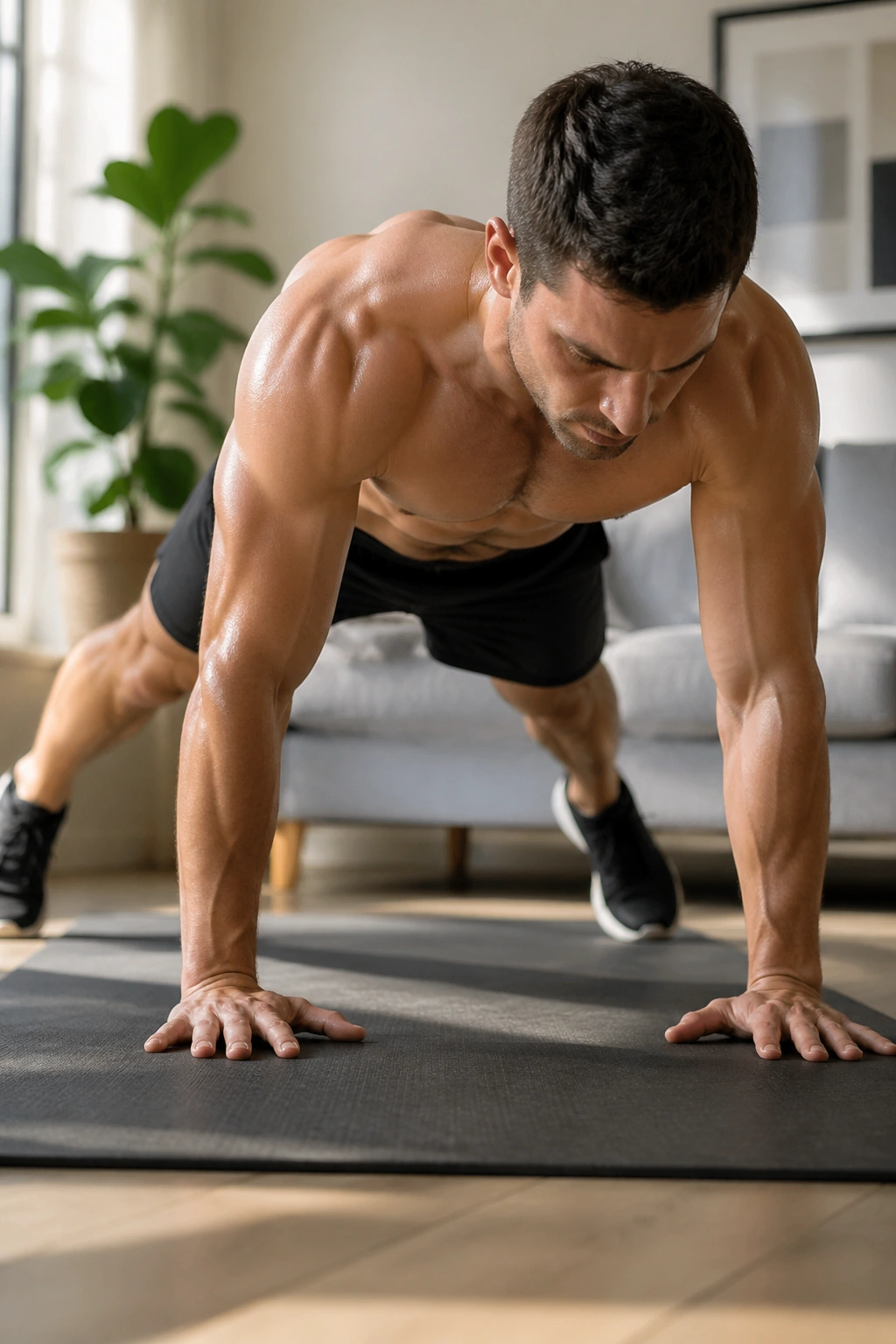 Medium close-up of a person performing Plank Jack Burst in a bright home space