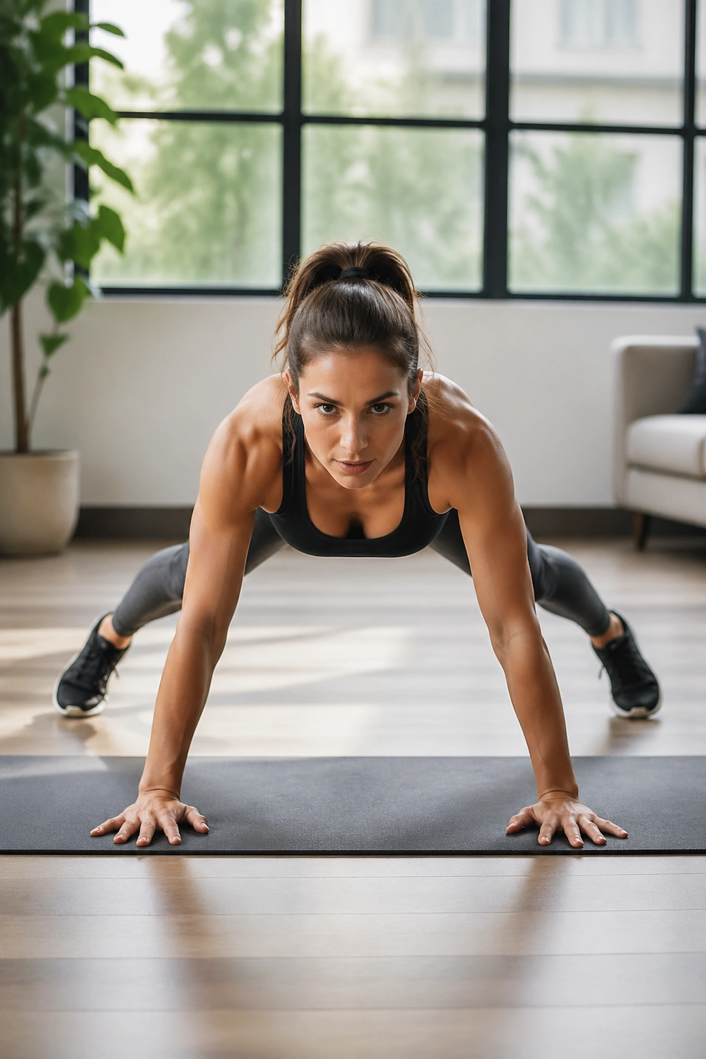 Person in high plank performing plank jacks on a mat