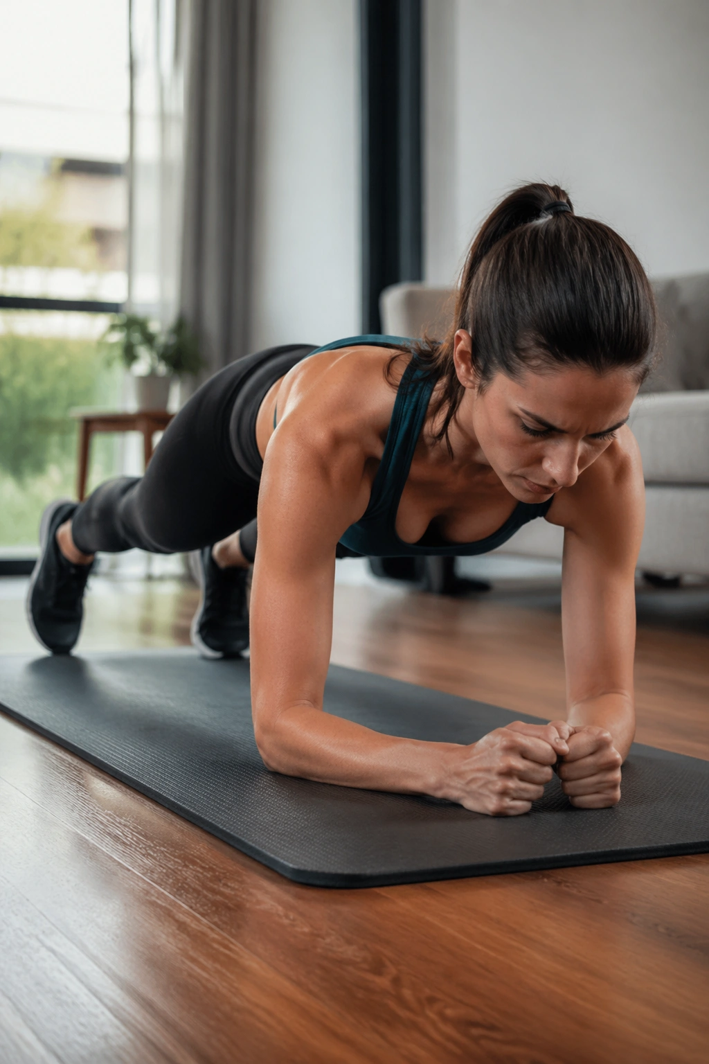 Real person performing plank jack finishers in a home setting