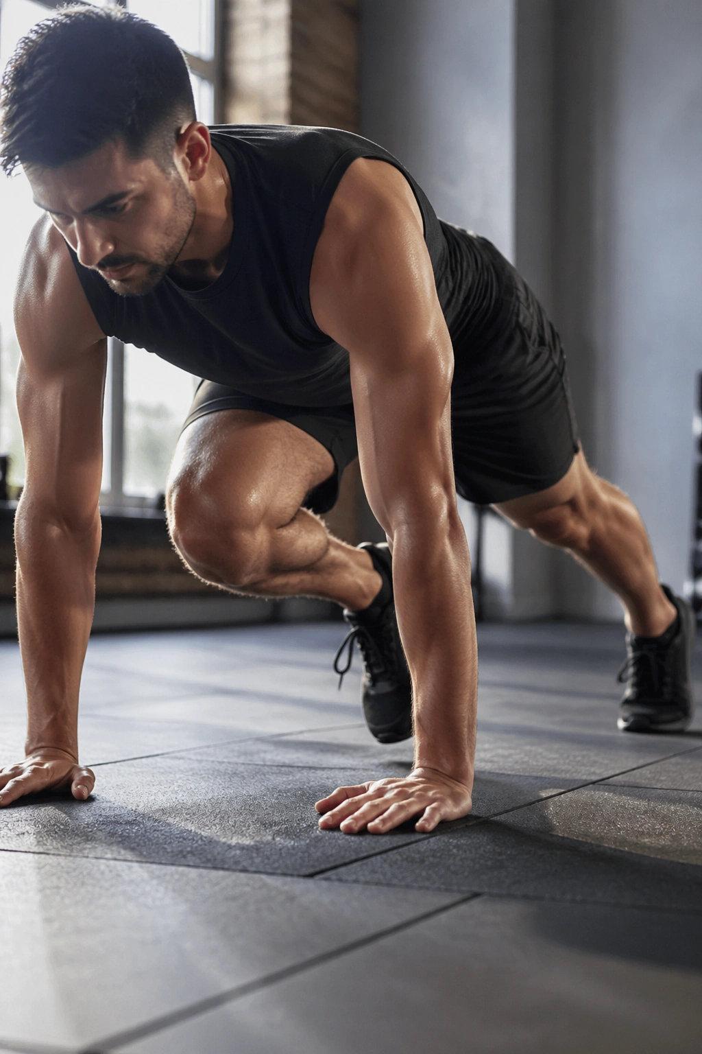 Close-up of athlete performing plank march with controlled leg movement