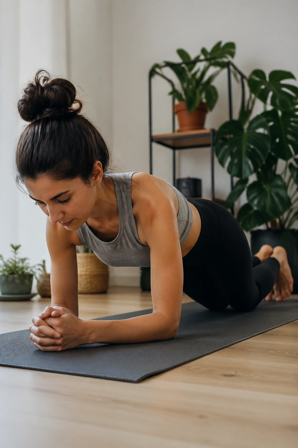 Real person in beginner-friendly Plank Pose with knees down