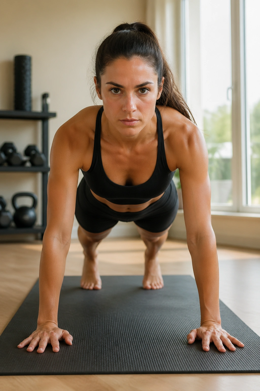Person in Plank Pose with a straight body line from head to heels