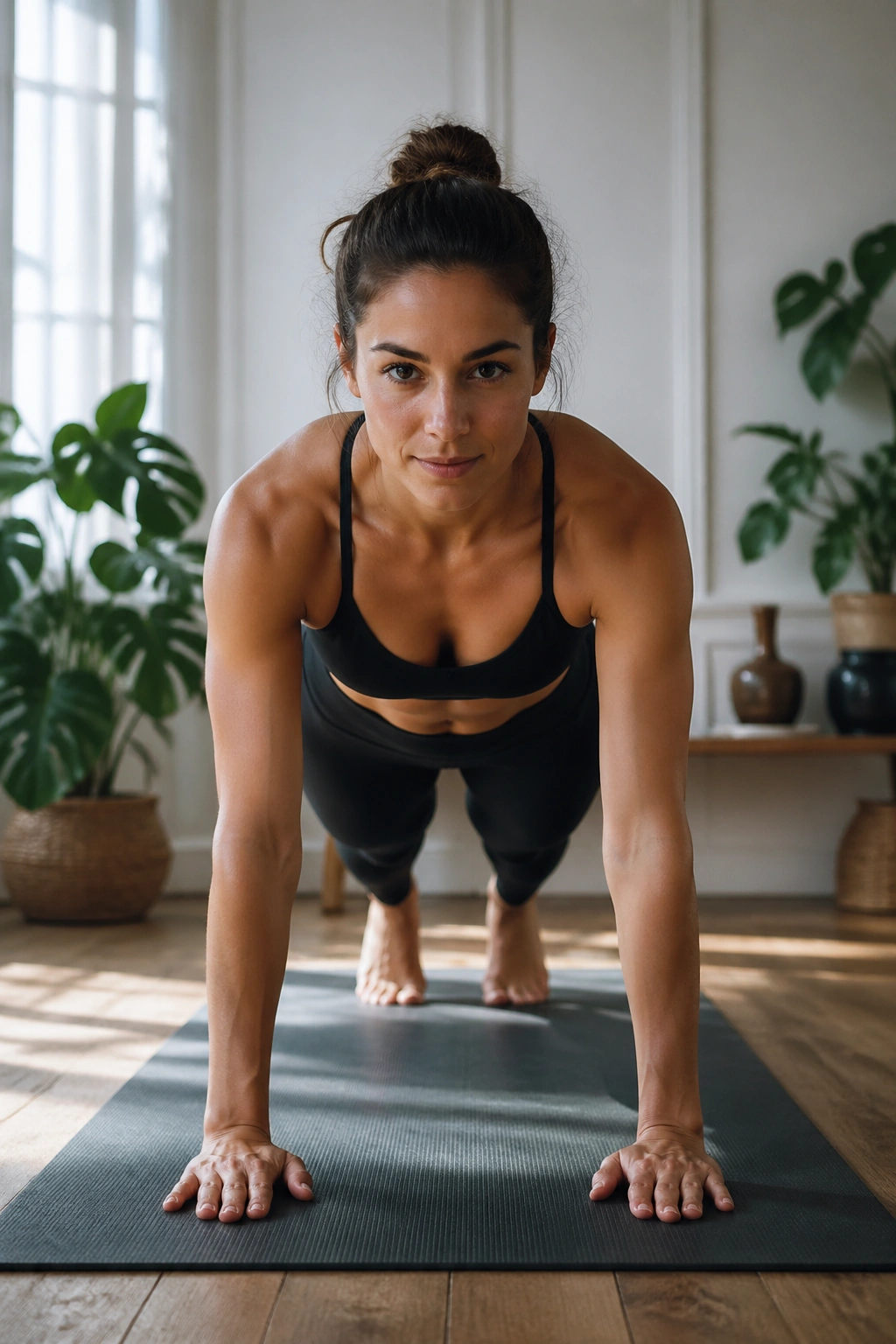 Front-facing full-body Plank Pose showing straight line from head to heels