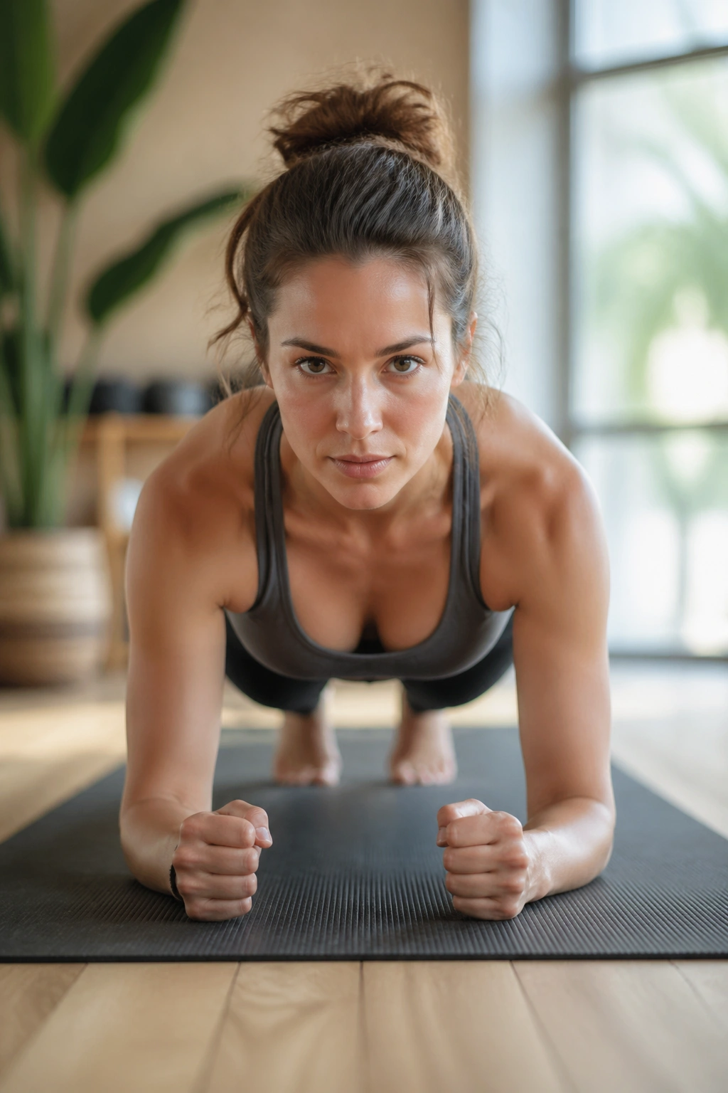 Close-up of a person in Plank Pose showing a straight line from head to heels