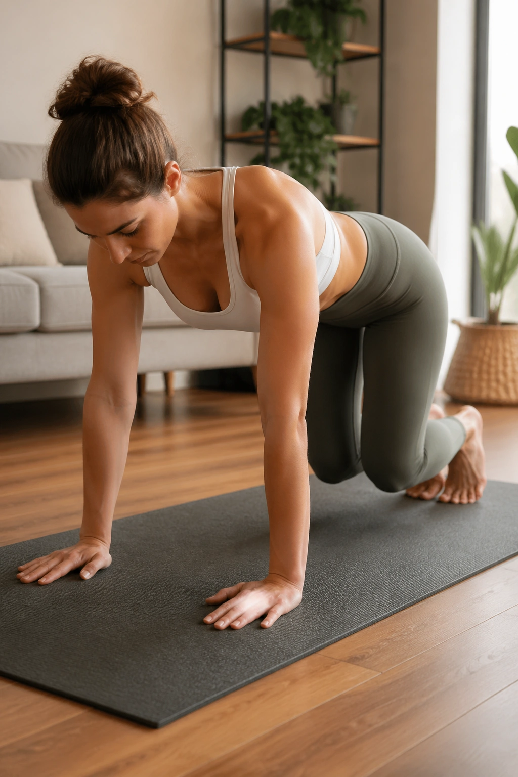 Person performing knee hover and prep for a plank on a soft mat.