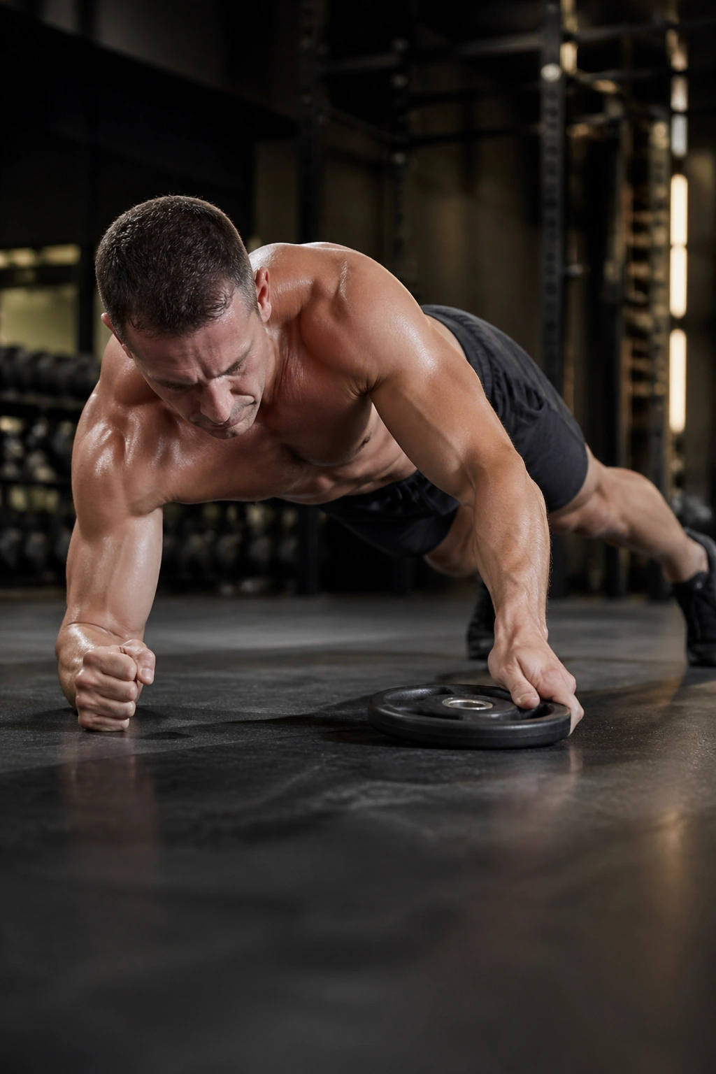 Person in forearm plank pulling a weight across the floor to the side
