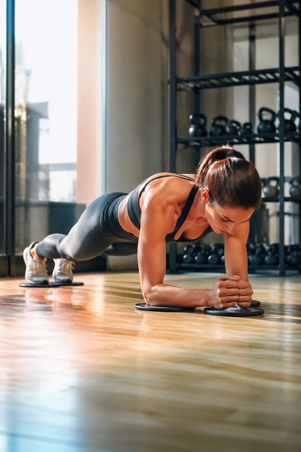Person performing plank saw with sliders under forearms on a wooden gym floor