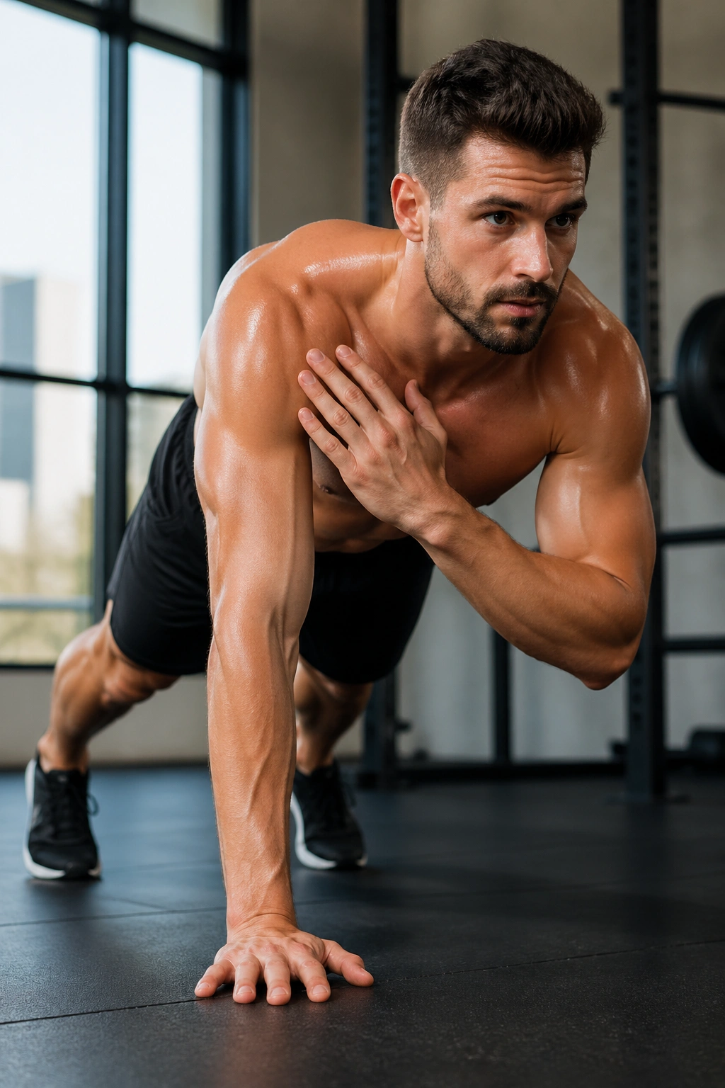 Close-up of a person performing plank shoulder taps focusing on core stability