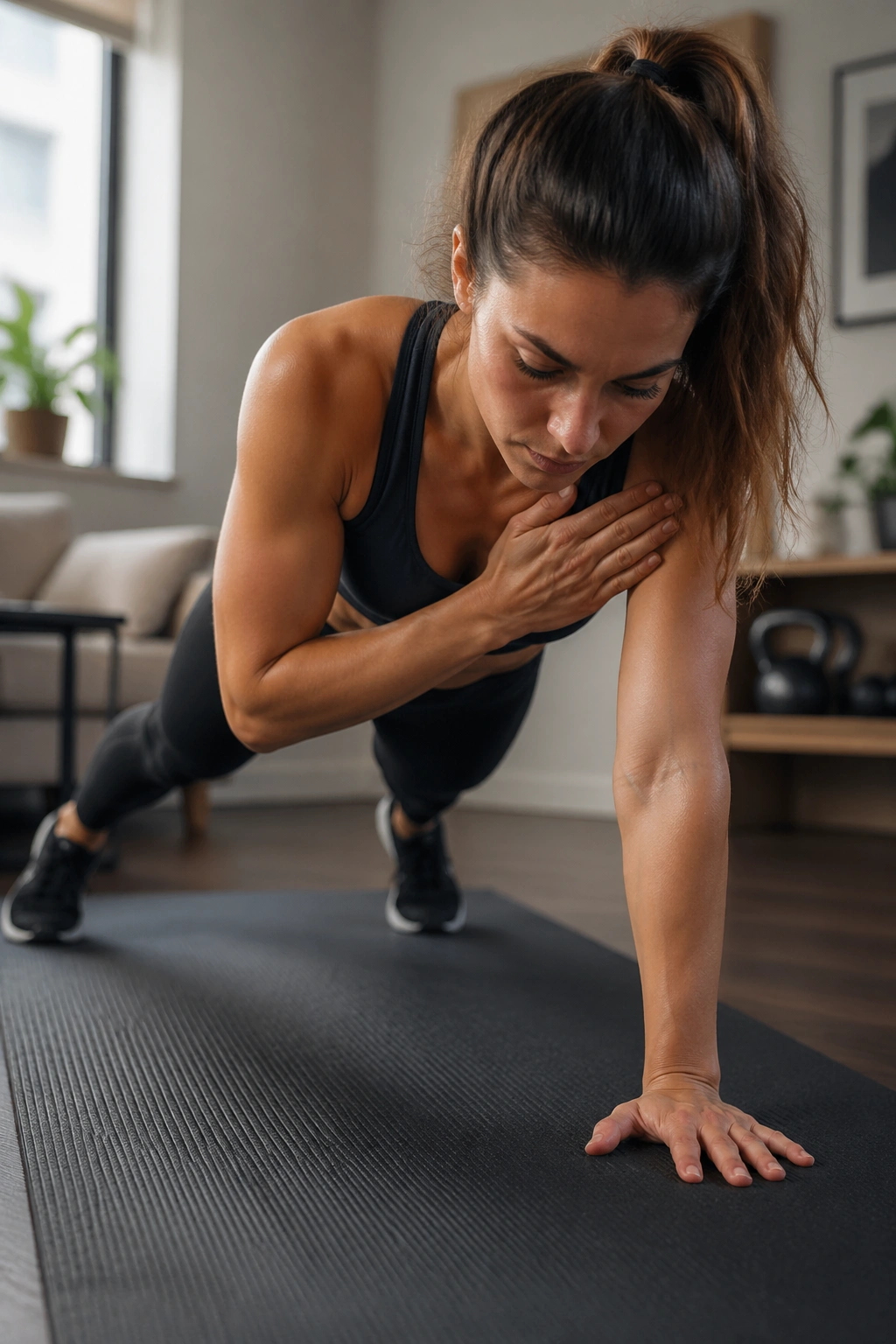 Person performing plank shoulder taps on a mat at home
