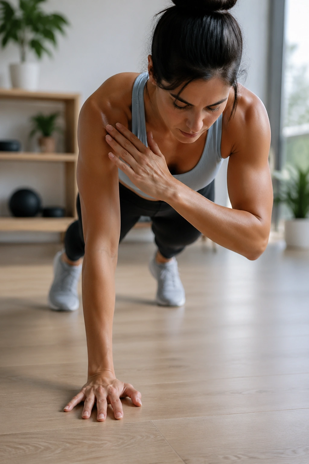 Close-up of a real person performing plank shoulder taps