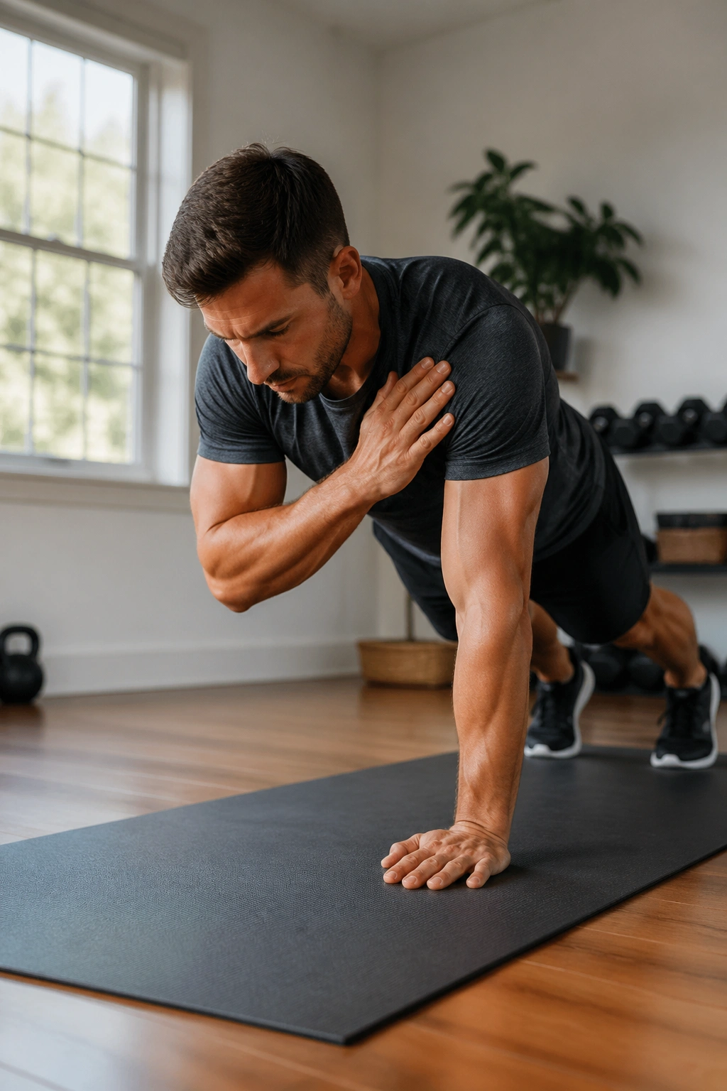 High plank with shoulder taps showing core stability