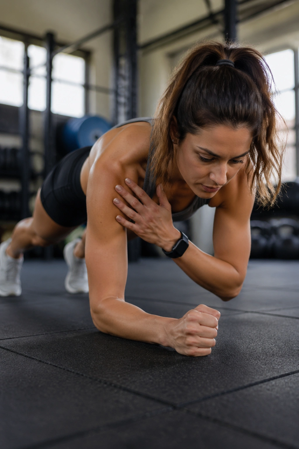 Person in forearm plank performing shoulder taps