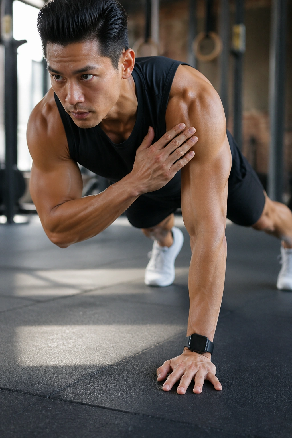 Close-up of a person in high plank performing shoulder taps with a steady pelvis