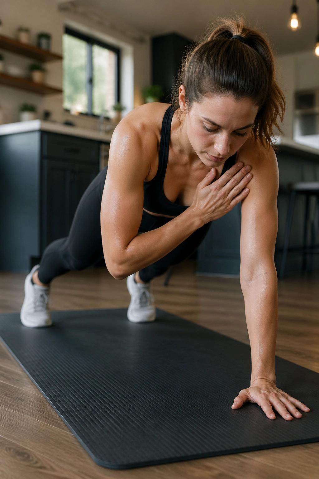 Person in a high plank performing shoulder taps with a steady torso