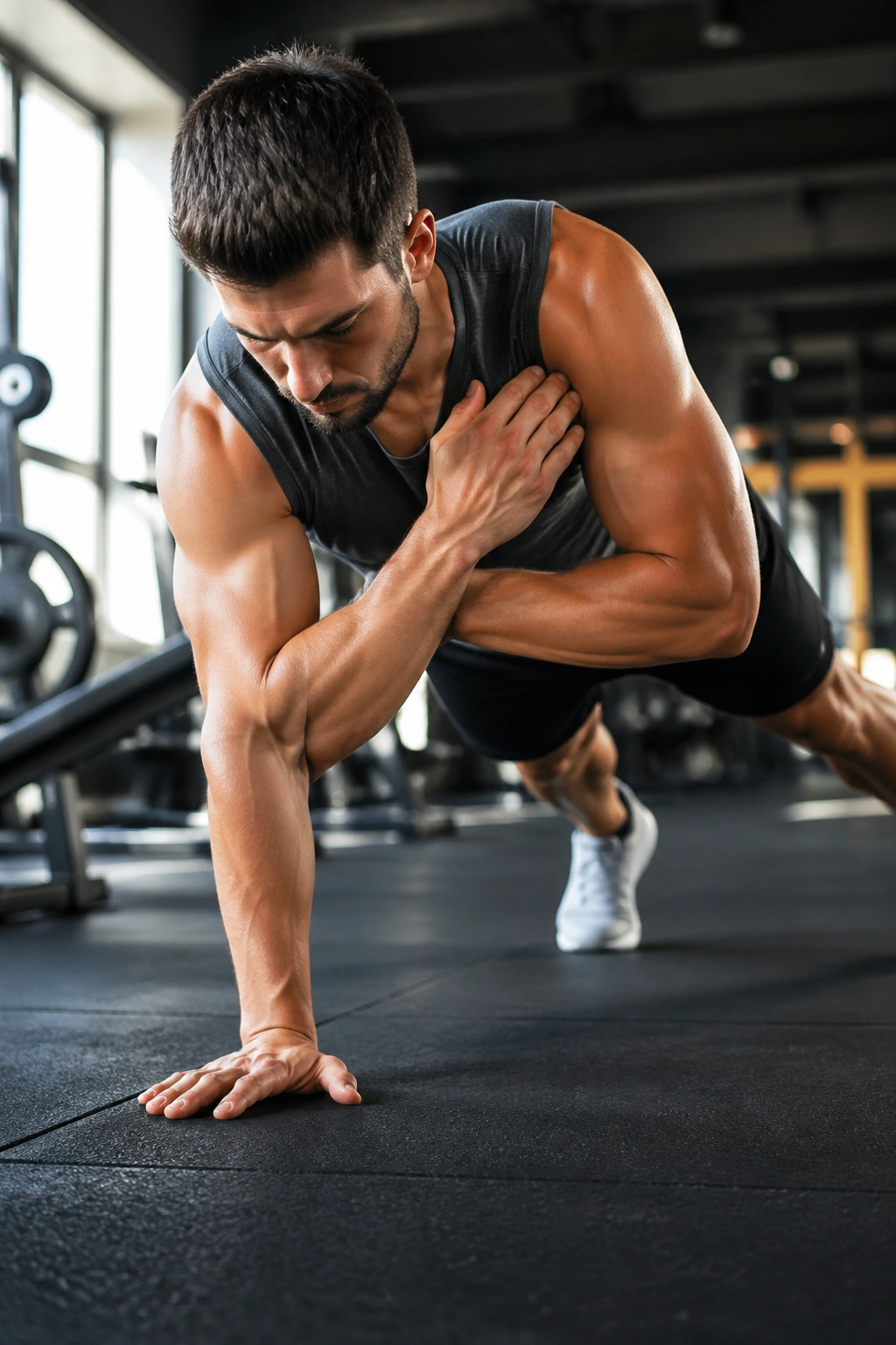 Close-up of a fit person performing a shoulder tap in a high plank