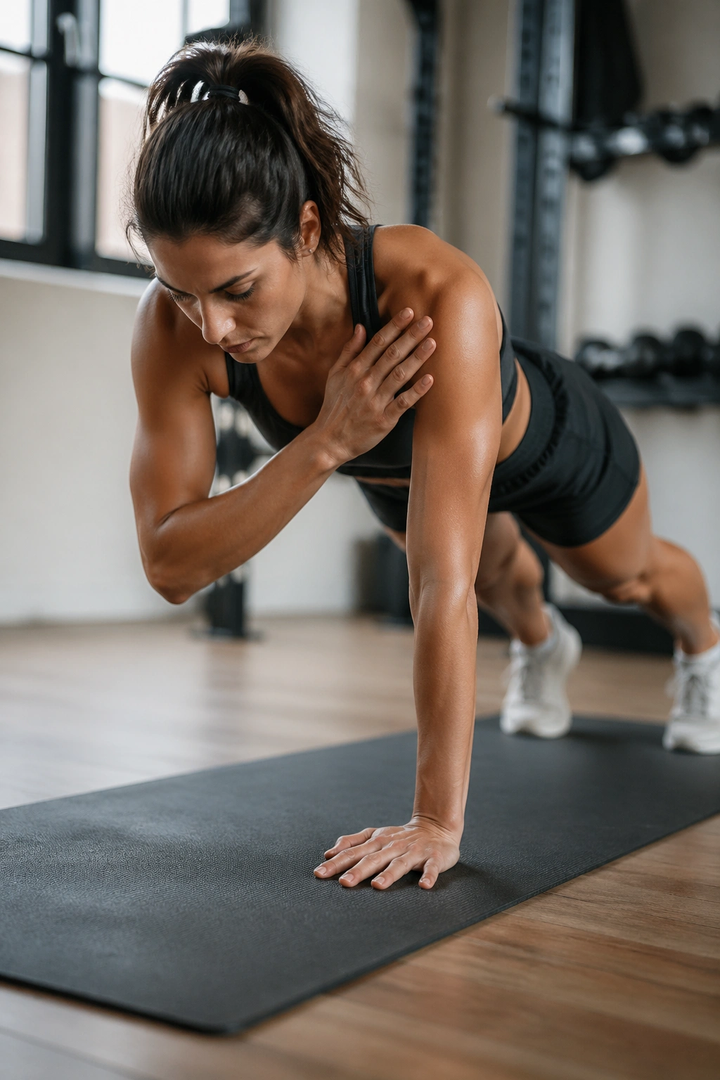 Real person in high plank performing shoulder taps with level hips and braced core.