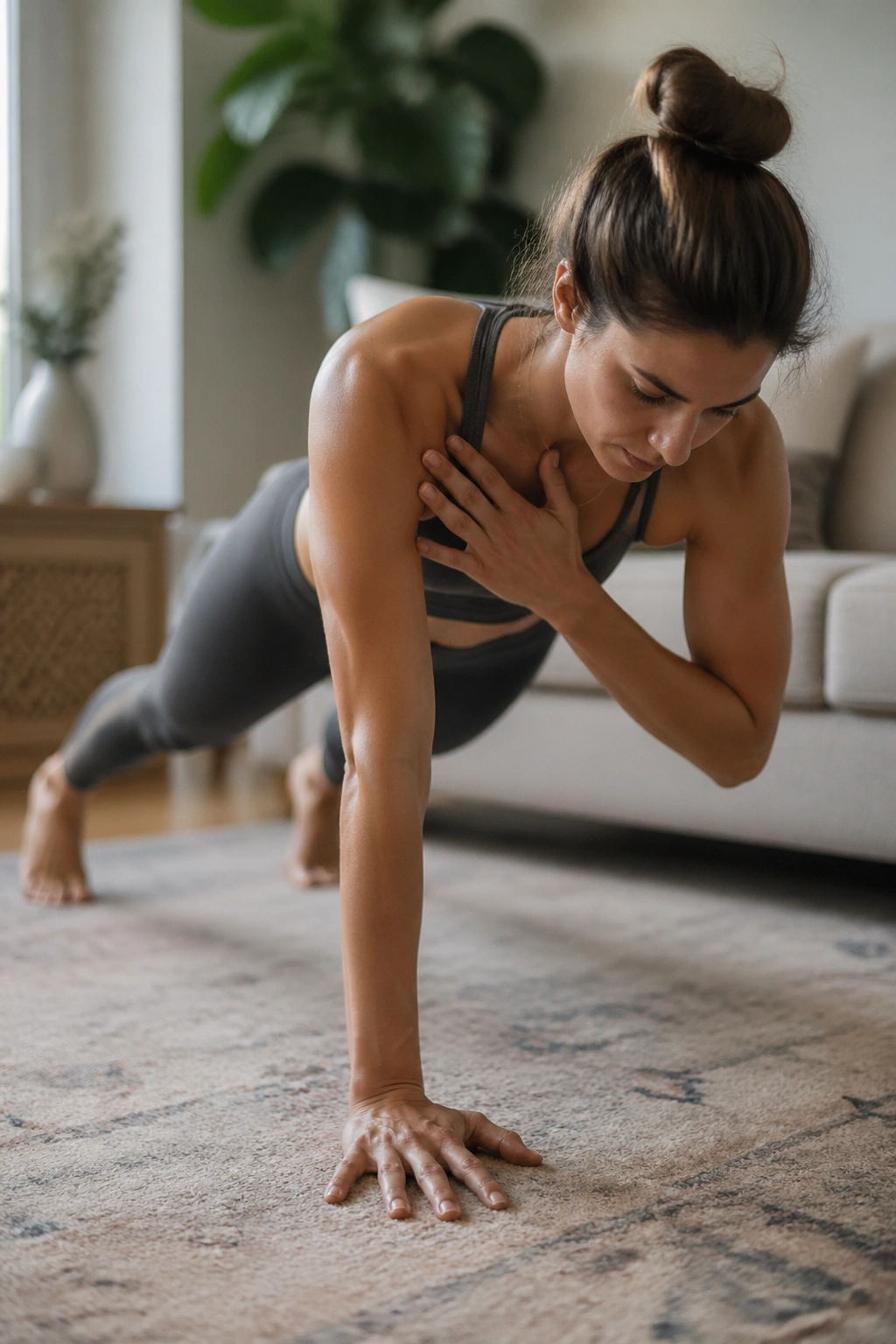 High plank with shoulder taps demonstrating core and back engagement in a home setting.