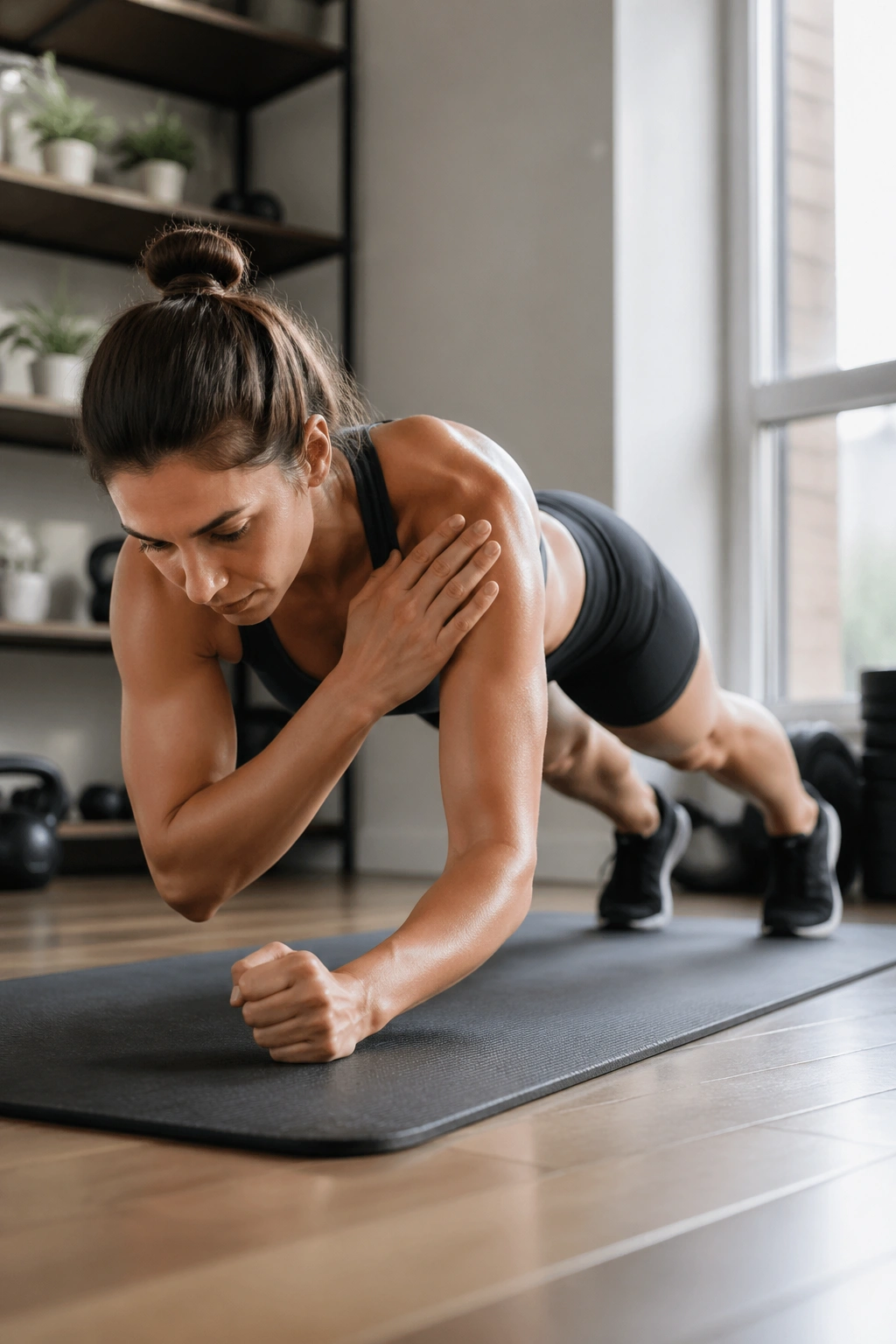 Person in forearm plank performing shoulder taps with controlled hip rotation.