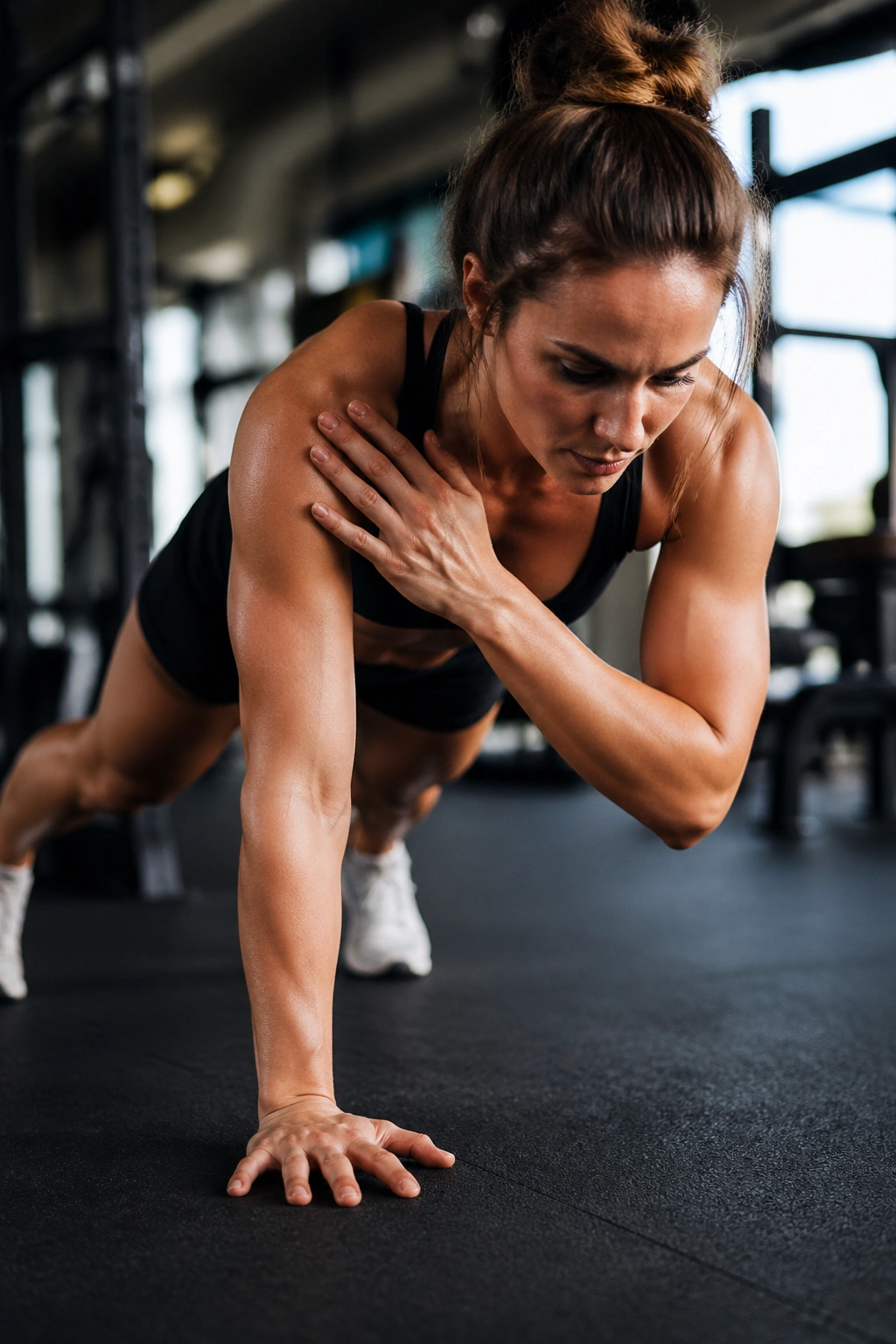 High-plank shoulder taps showing core stability and shoulder control.