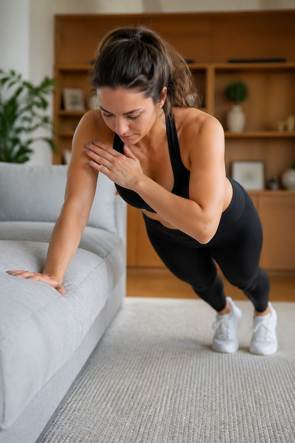 Couch plank shoulder taps in living room