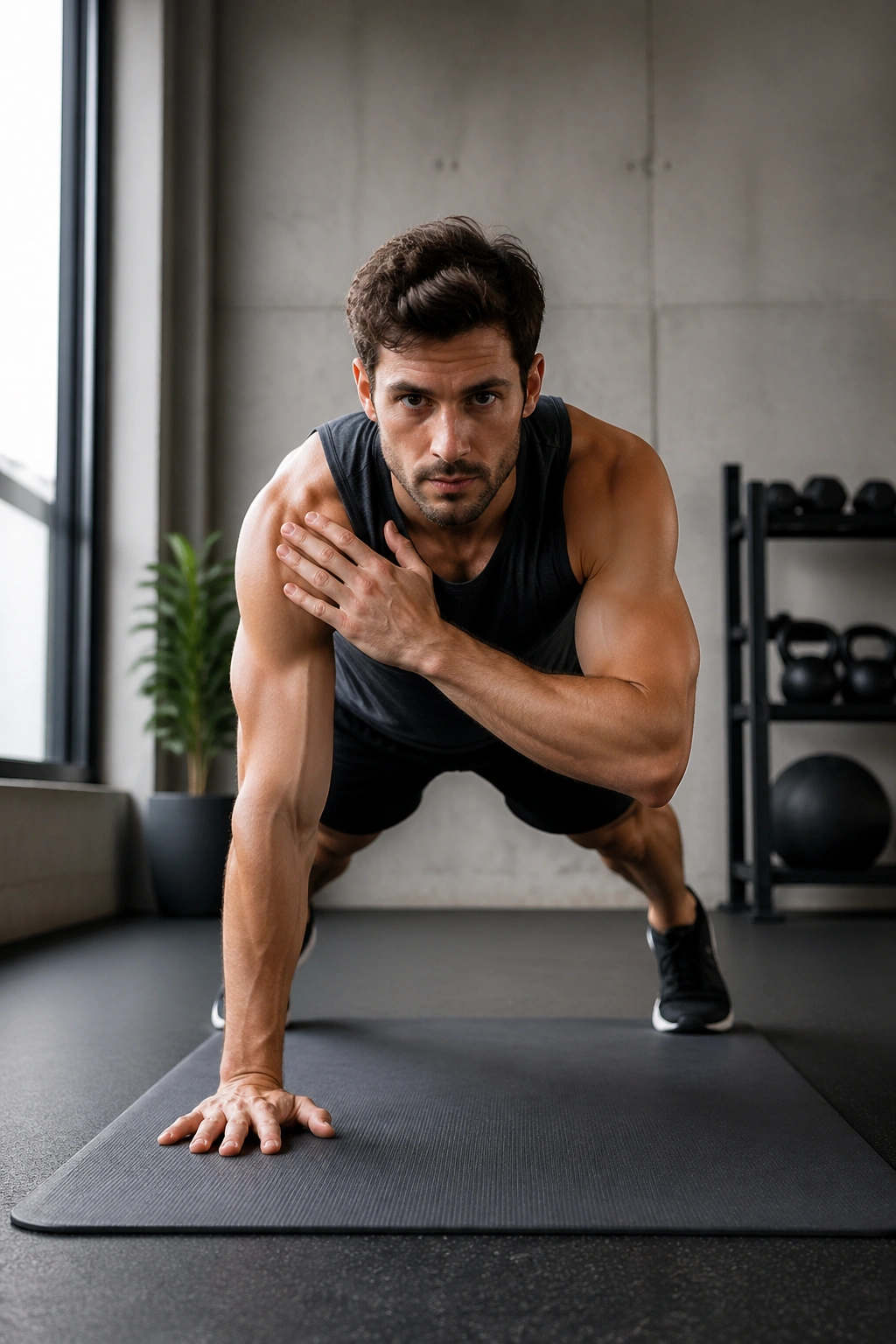 Person in high plank performing slow shoulder taps with hips level