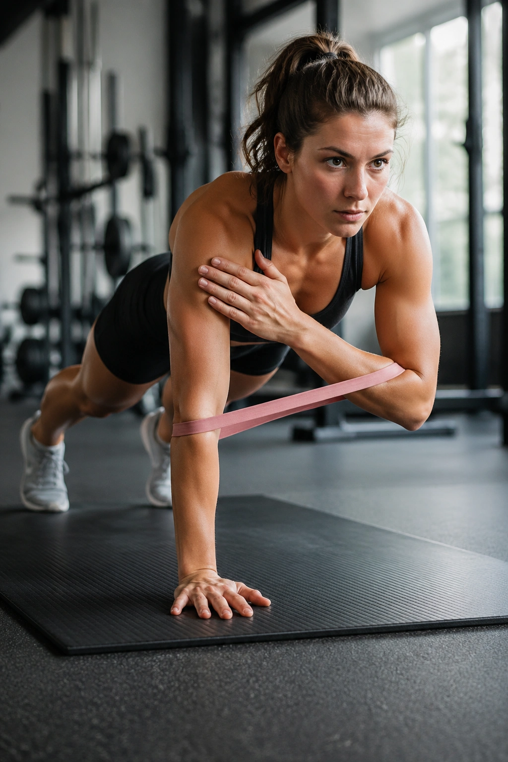 Close-up of a person in a high plank performing banded shoulder taps with hip stability