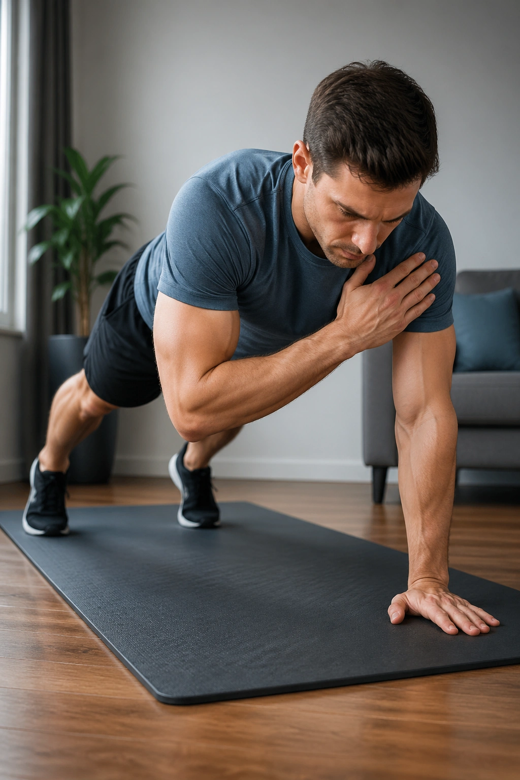 Medium-close shot of a person in a stable plank performing shoulder taps on a mat.